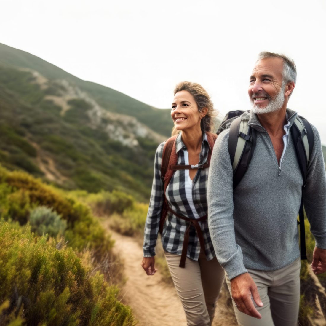 Senior couple admiring the scenic Pacific coast while hiking, filled with wonder at the beauty of nature during their active retirement, generative ai